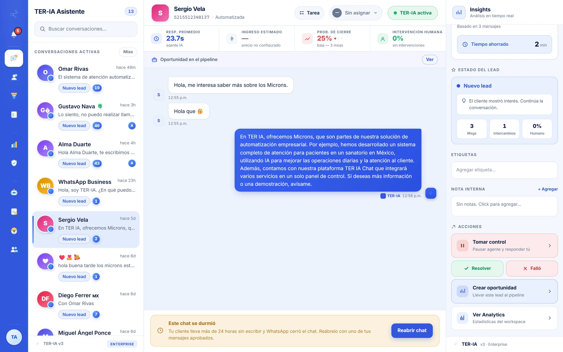 Revisión de conversaciones en la plataforma TER IA