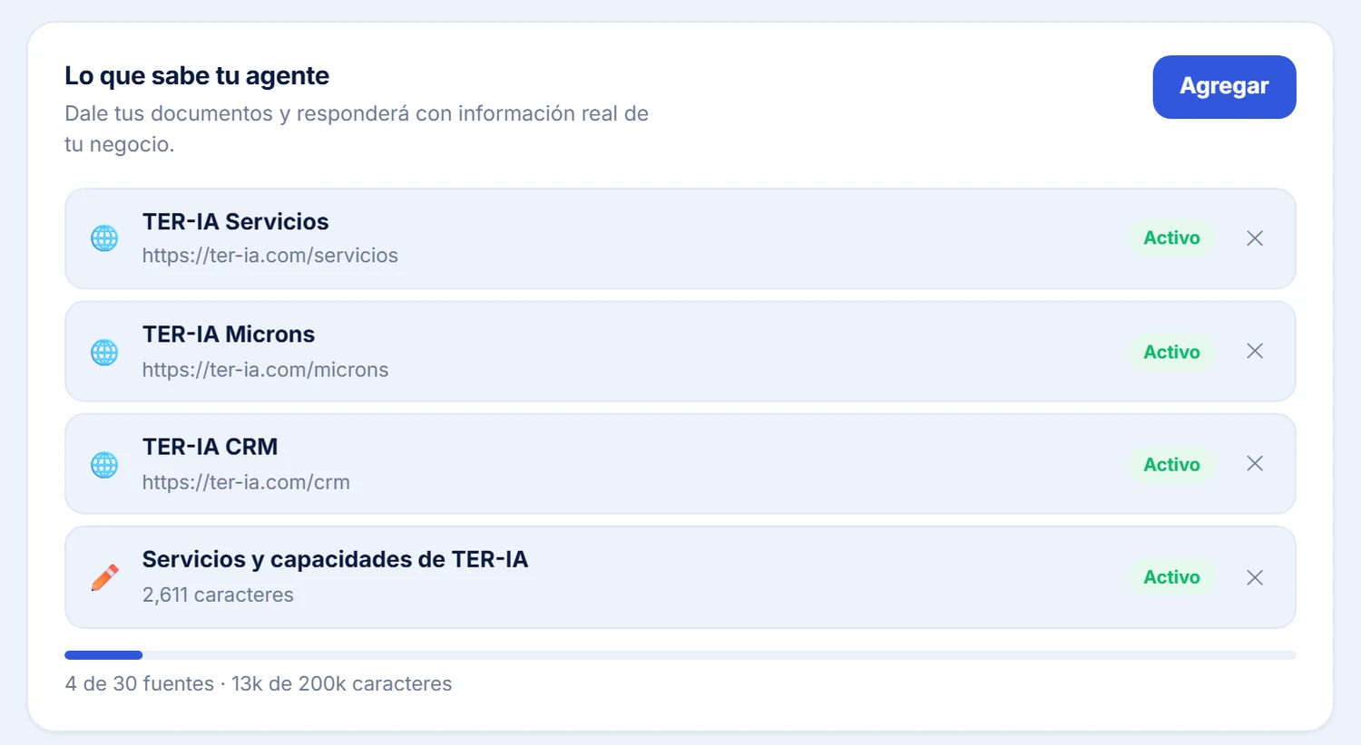 Base de conocimiento del agente: documentos y páginas que alimentan sus respuestas