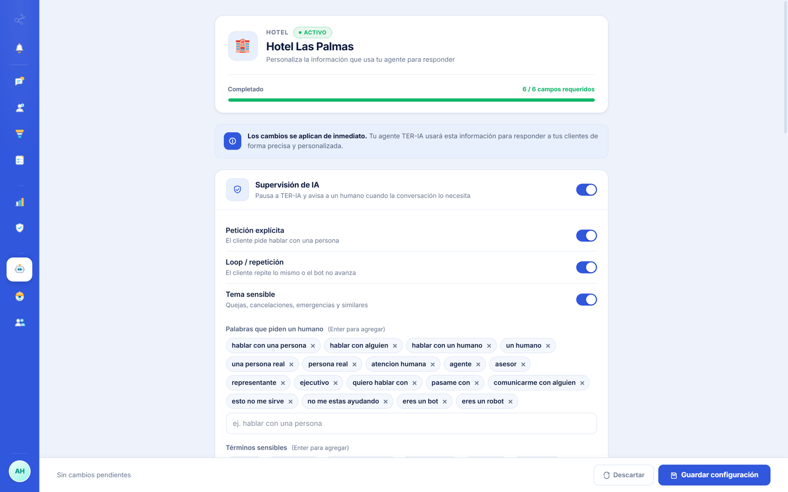 Configuración de canales en la plataforma TER IA